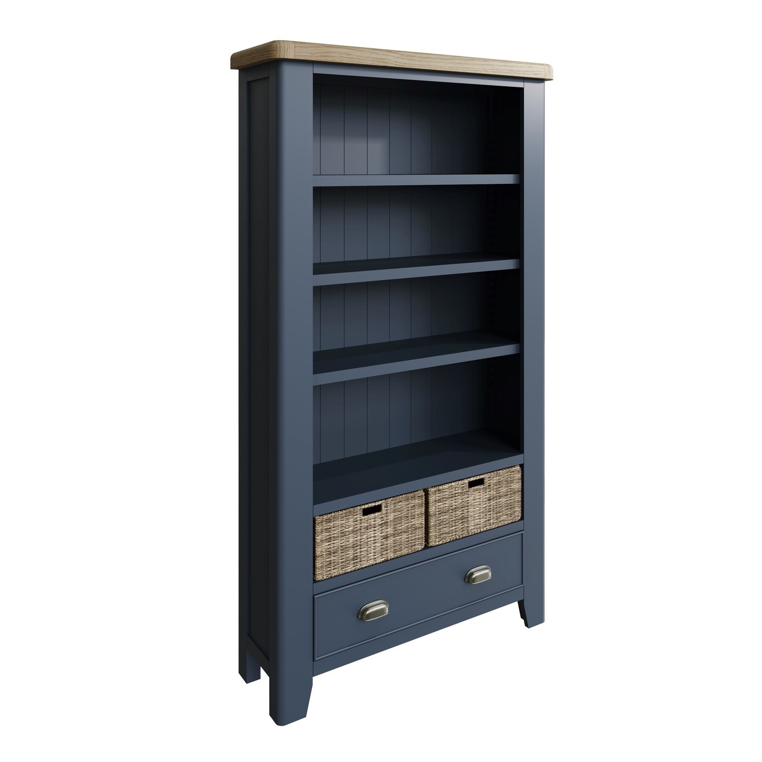 Read more about Oak & blue large bookcase with wicker baskets